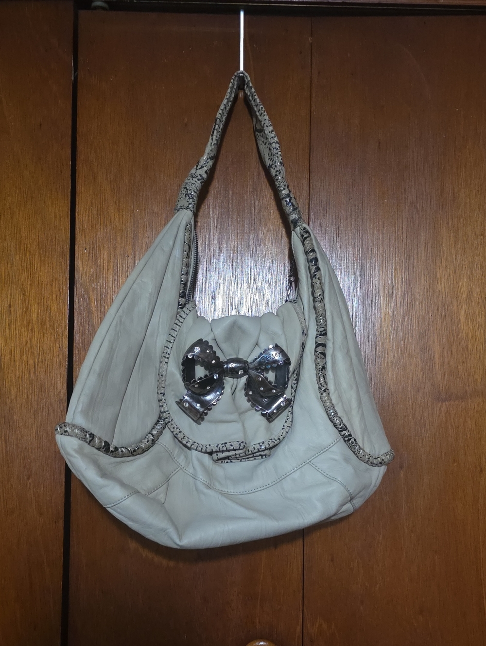 Betsey Johnson Cream Shoulder Bag with Silver Bow Accent